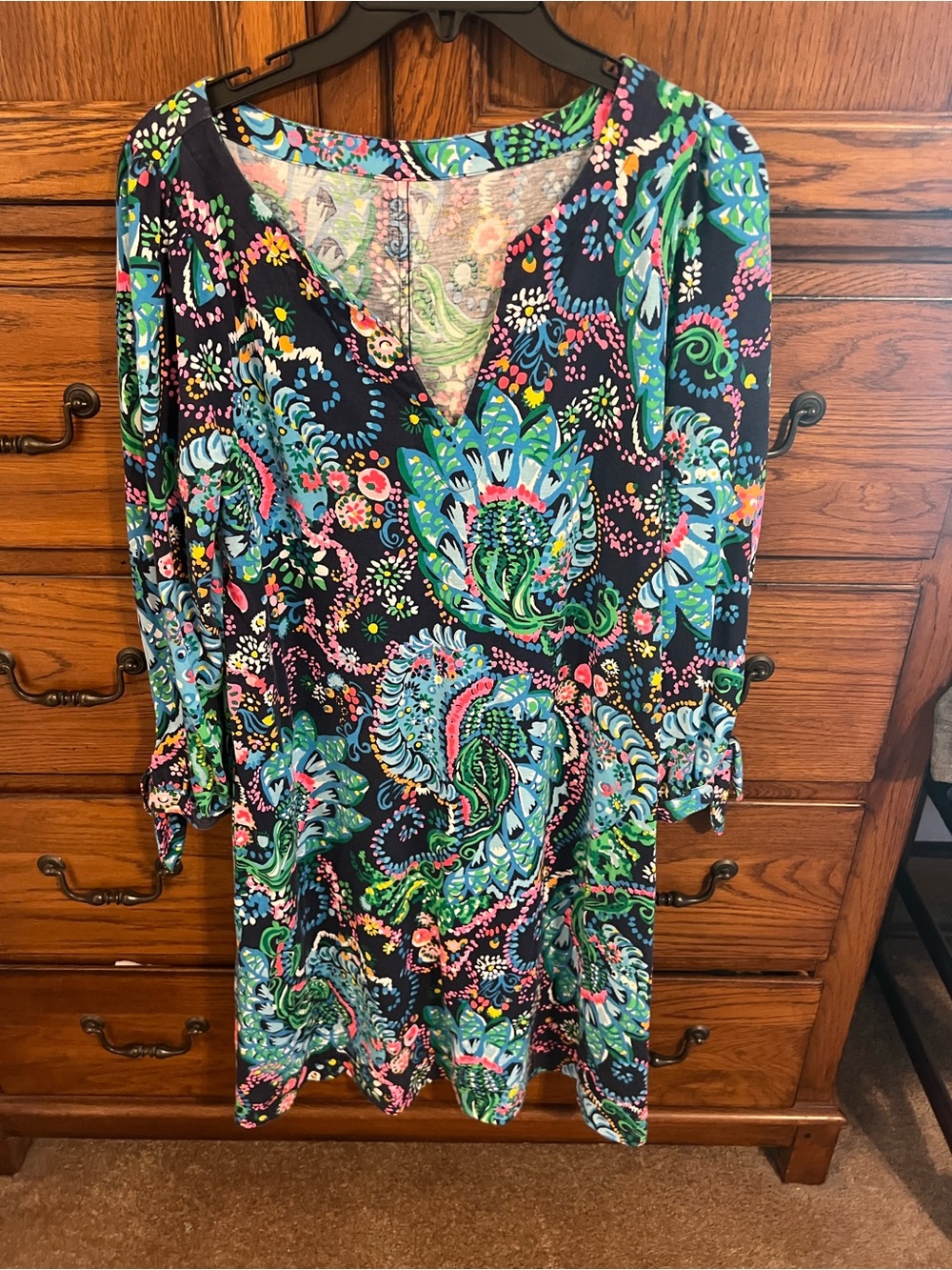 Lilly Pulitzer Navy Paisley V-Neck Tunic with Teal, Green & Pink